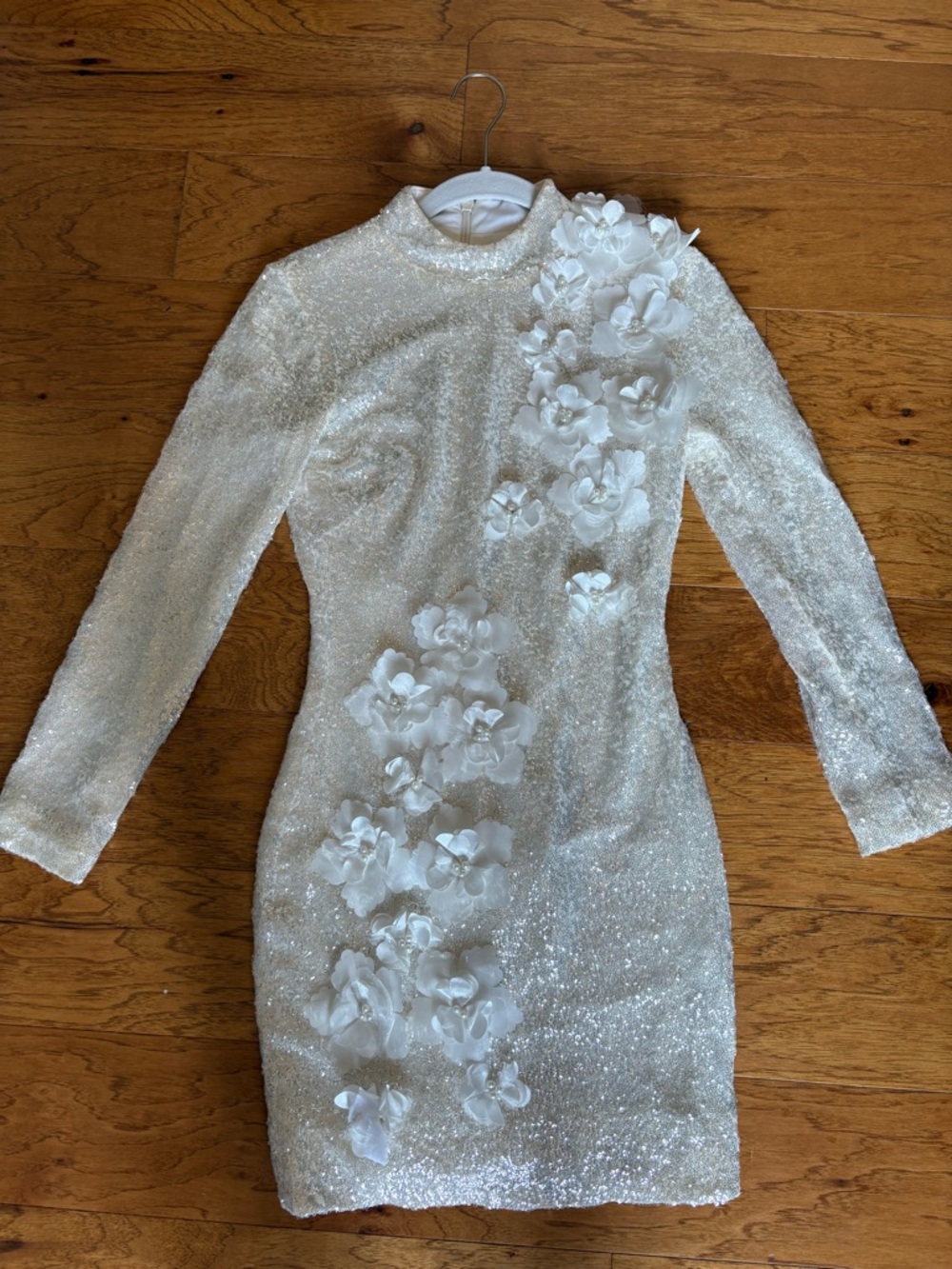 White Floral-Appliqué Sequin Mini Dress